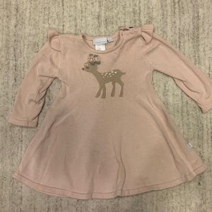 Pink baby girl dress with deer that has crocheted flowers on head Size 12 months